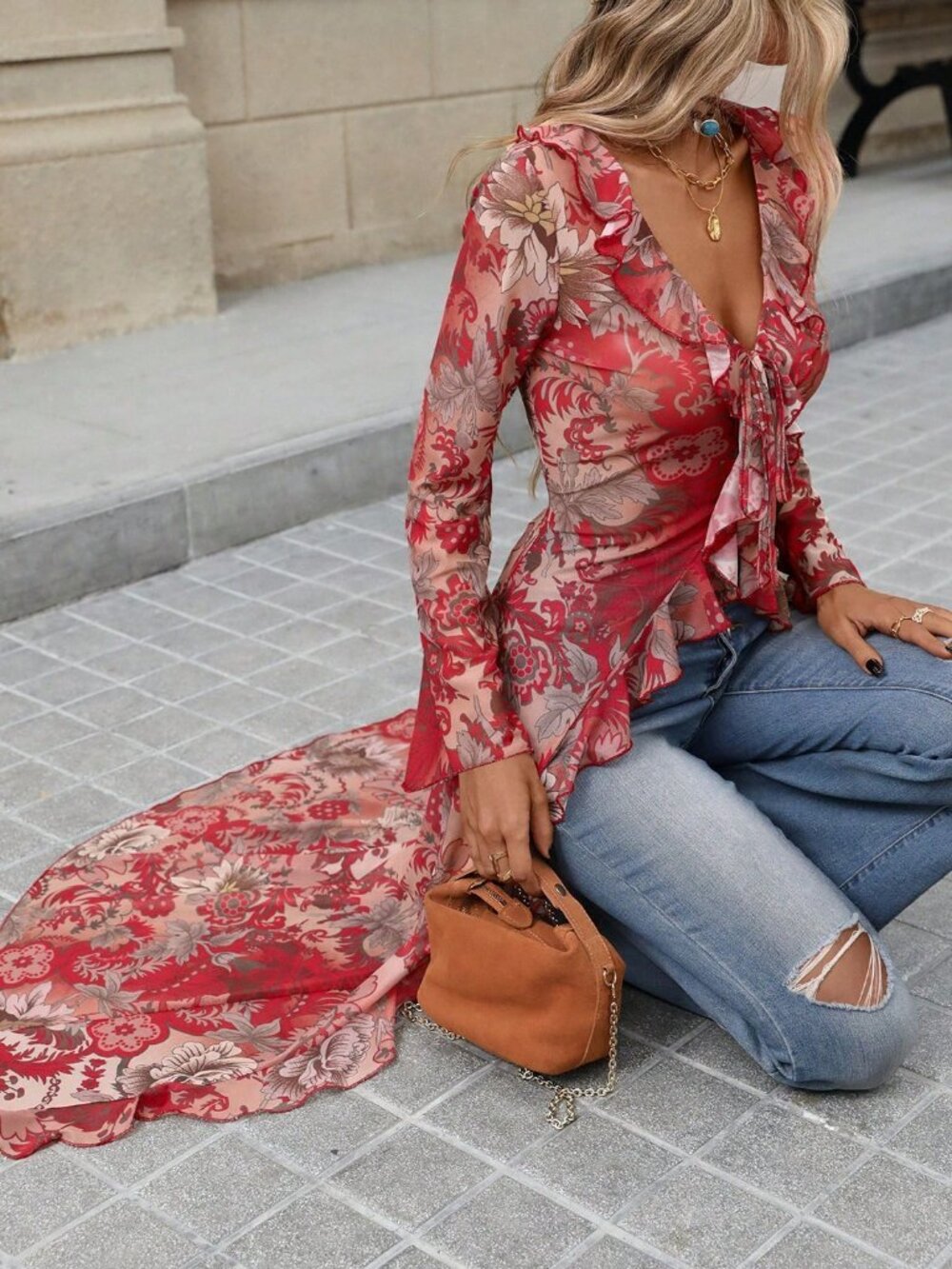 Red Boho Women's All-Over Print Mesh Ruffle Trim Top - Picture 3 of 9